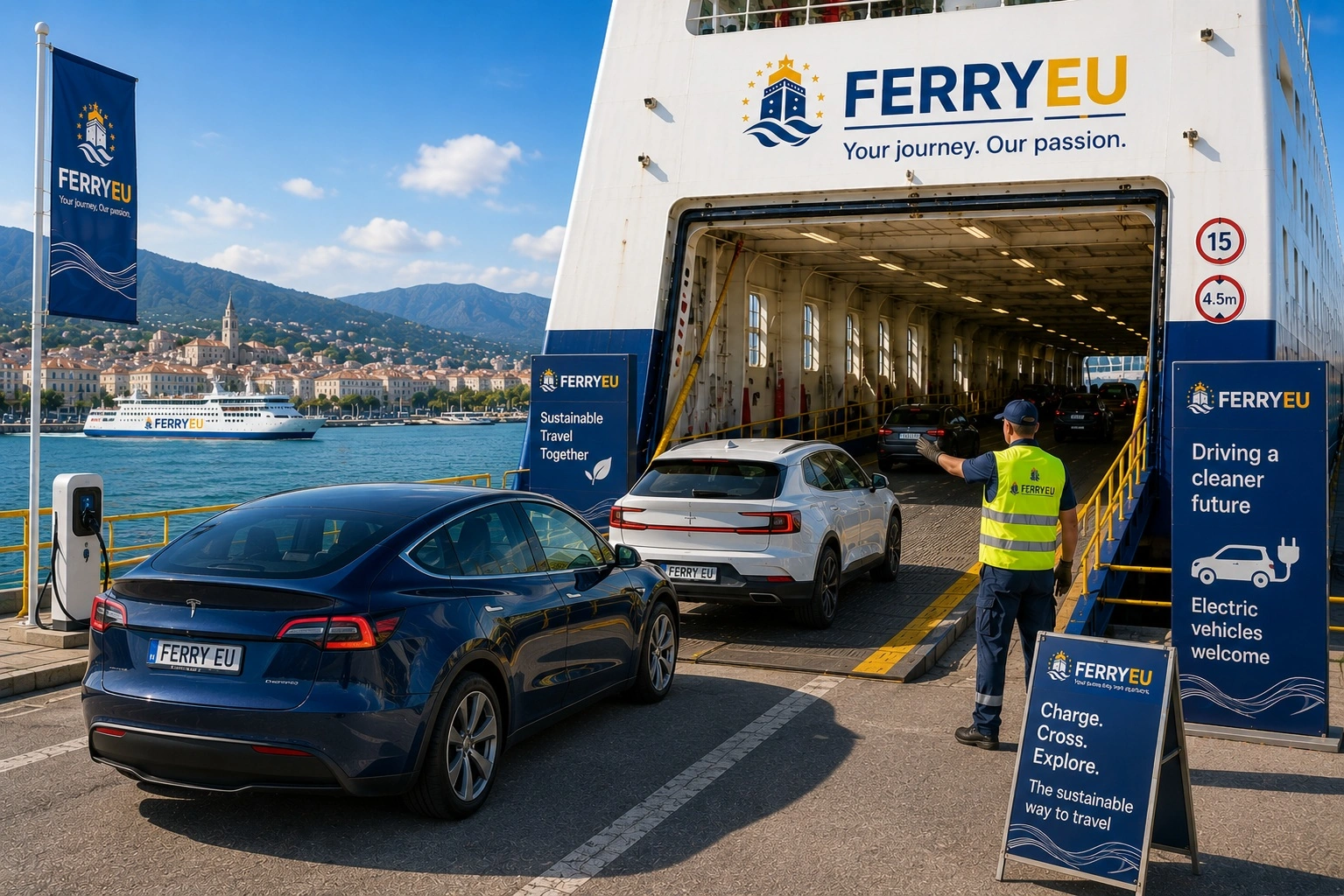 Elektrofahrzeug bei der Einschiffung auf eine Fähre
