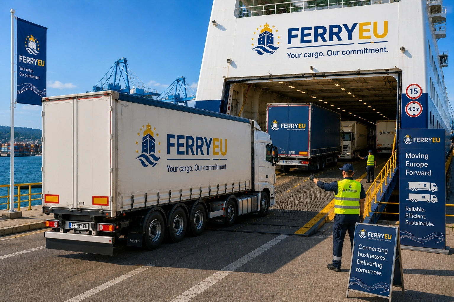 Lkw bei der Einschiffung auf eine Fähre