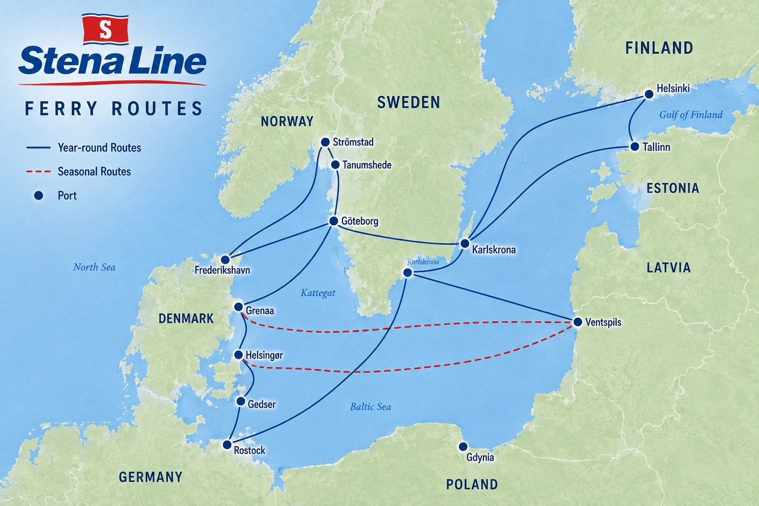 Illustrierte Karte der Fährverbindungen von Stena Line