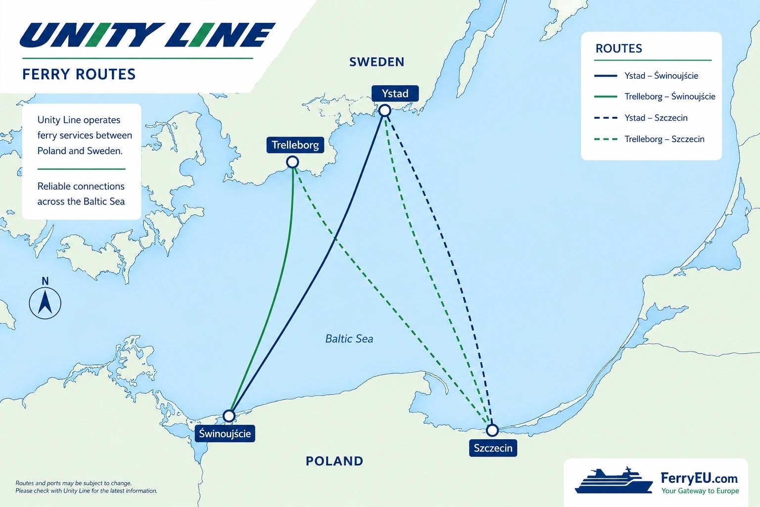 Schematische Streckenkarte der Unity-Line-Fähren