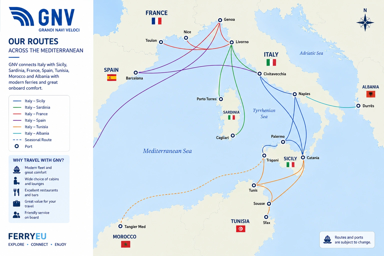 Streckennetz von Grandi Navi Veloci (GNV)